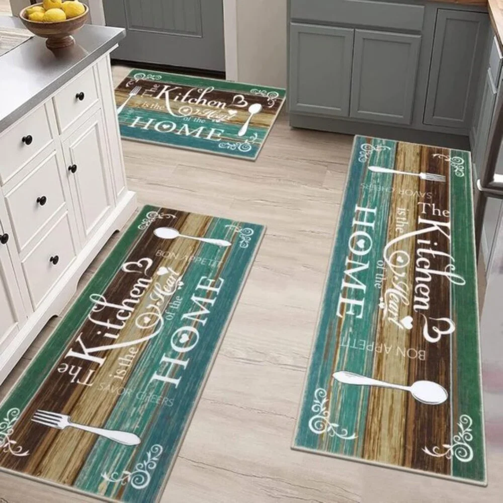 New 3-Piece Kitchen Area Rug Set, Washable Non-Slip Mats for Floor - Teal